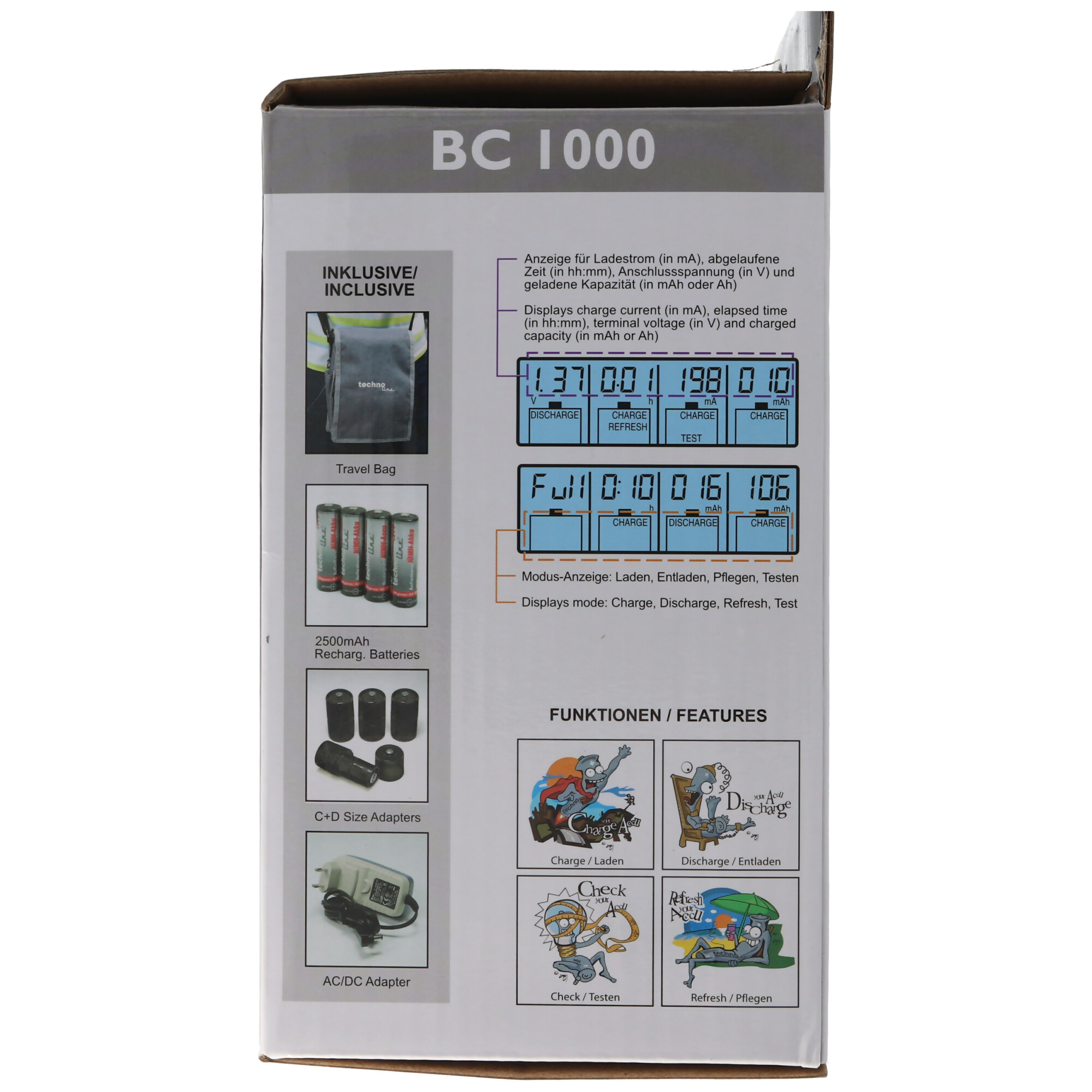 BC1000 Schnell-Ladegerät mit LCD-Display, Entladefunktion, Akku