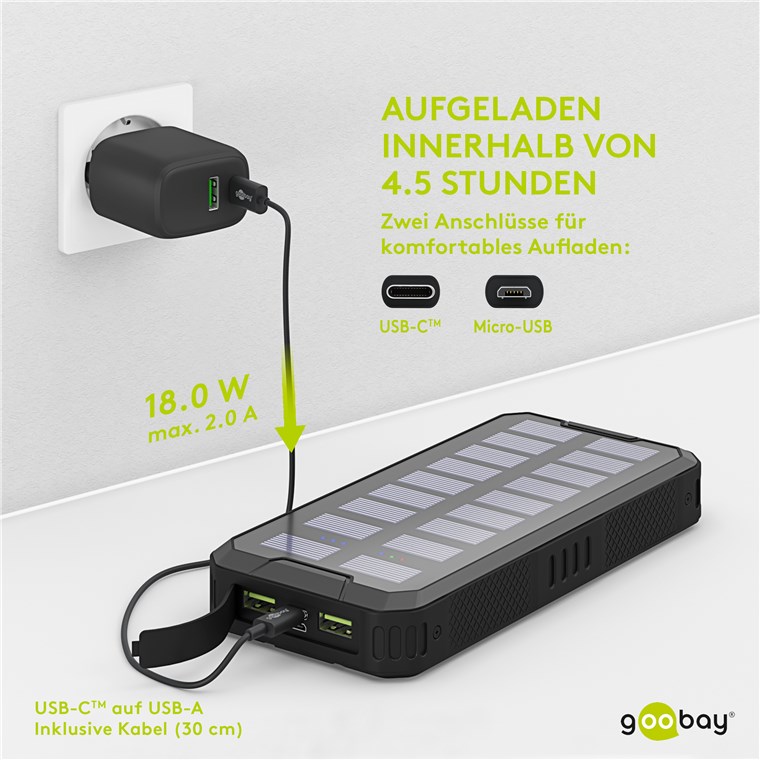 Goobay Outdoor Schnelllade-Powerbank mit Solar 20.000 mAh (USB-C™ PD, QC 3.0) - Robuste Allround-Stromversorgung für den Outdoor-Einsatz
