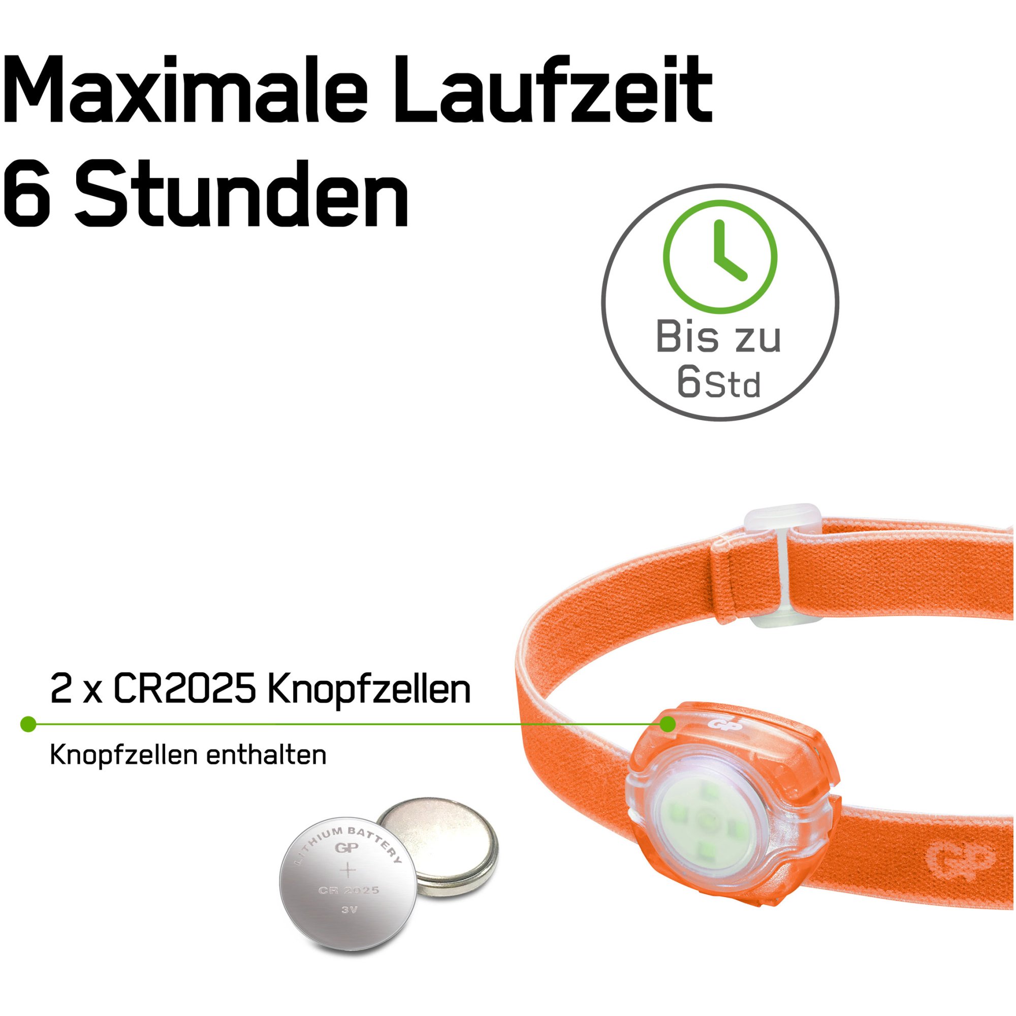 Stirnlampe GP CH31 40lumen inkl. 2x CR2025 Lithium Knopfzellen Orange