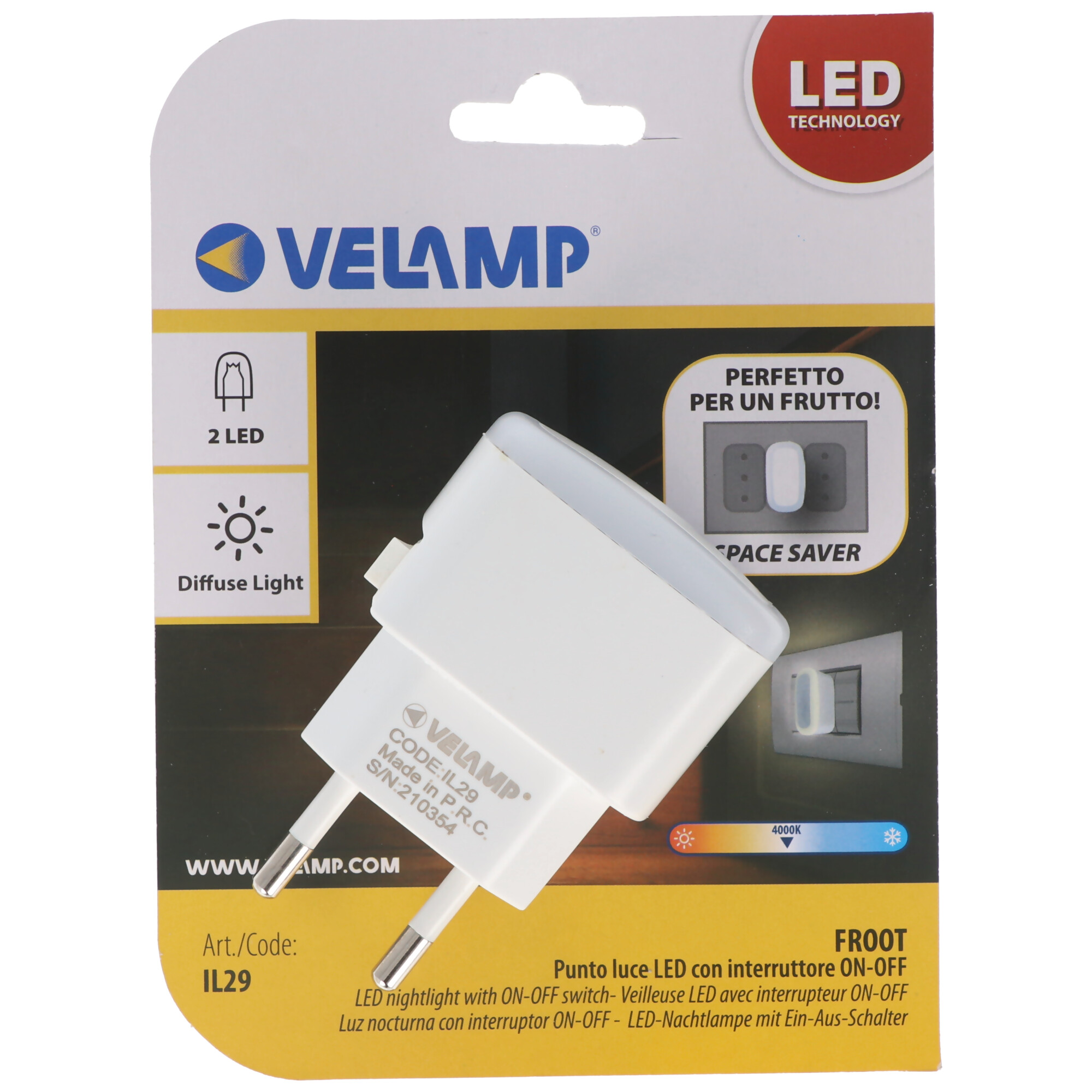 Velamp FROOT, LED-Nachtlicht mit EIN/AUS-Schalter, extra kompakt, vertikale Buchse, weiß
