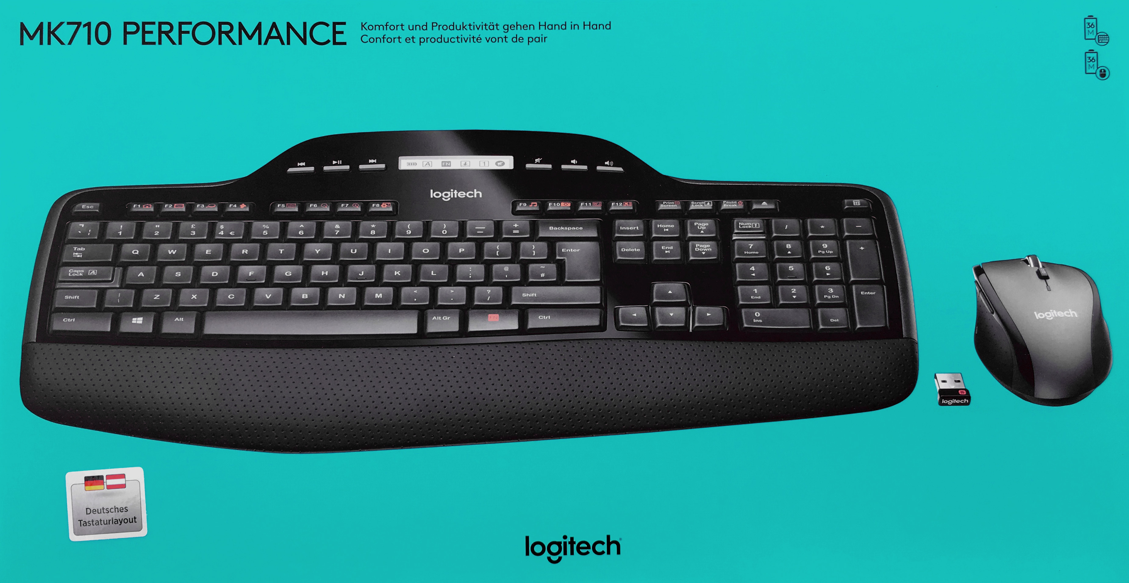 Logitech Tastatur/Maus Set MK710, Wireless, Unifying, schwarz Performance, DE, Optisch, 1000 dpi, Retail