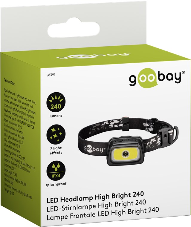 Goobay LED-Stirnlampe High Bright 240 - mit 240 lm und kalt-weißem Licht (6500 K), ideal für Freizeit, Sport, Camping, Angeln, Jagd und Pannenhilfe