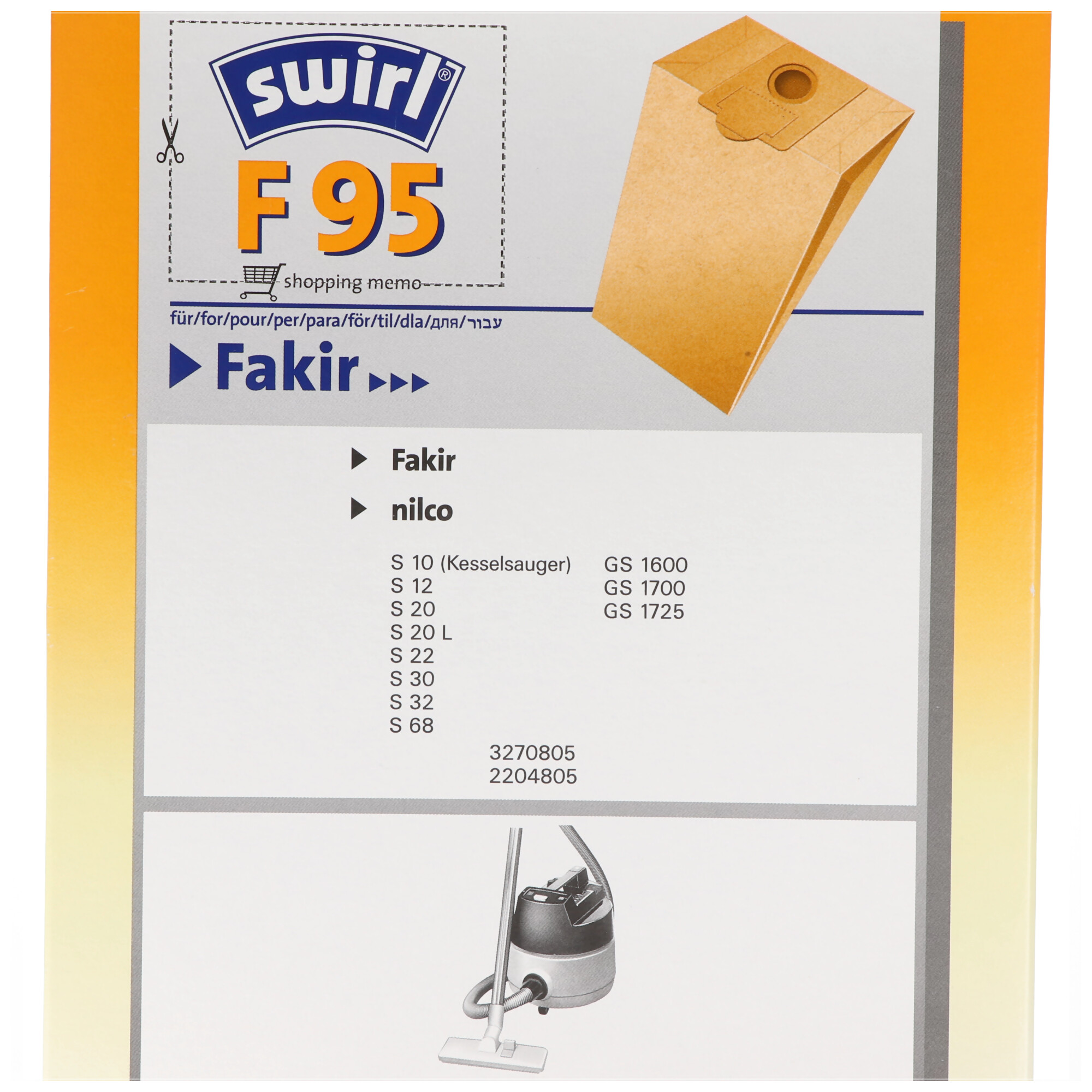 Swirl Staubsaugerbeutel F95 Classic aus Spezialpapier für Fakir und nilco Staubsauger