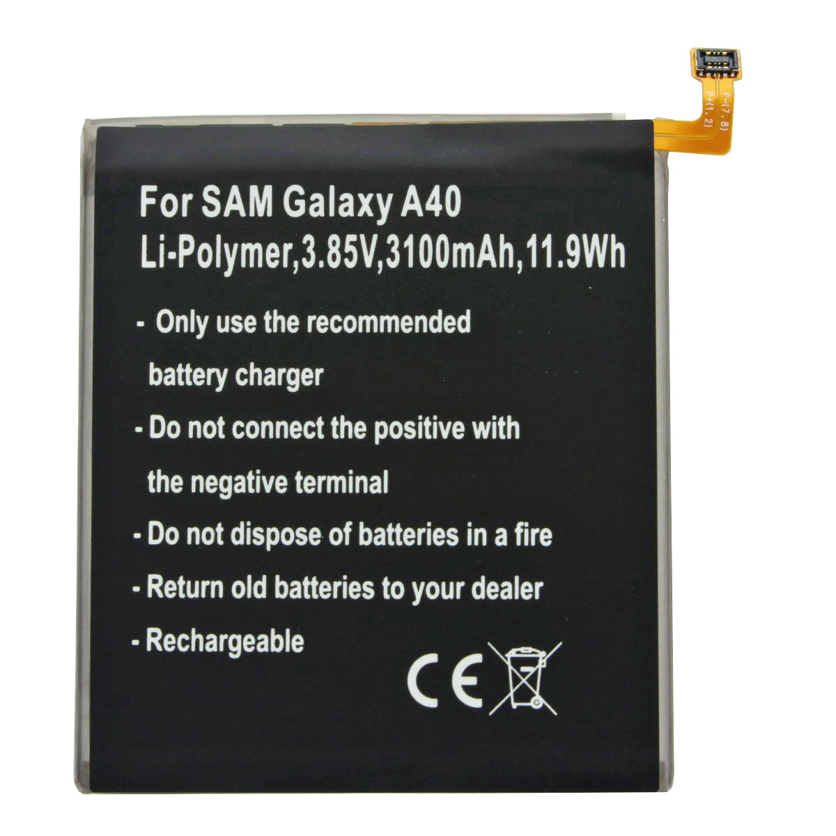 Akku passend für Samsung Galaxy A40, Li-Polymer, 3,85V, 3100mAh, 11,9Wh, built-in, ohne Werkzeug