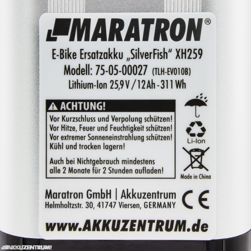E-Bike Akku Maratron "Silver Fish" XH259 – 25,9V / 12Ah – silber - Sattelrohr