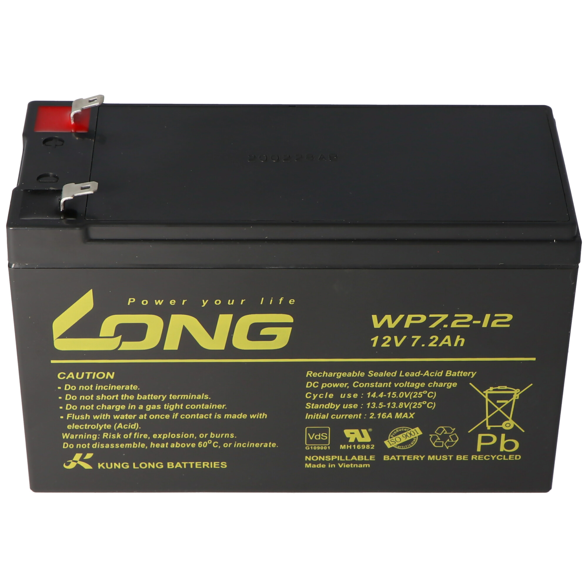 Kung Long WP7.2-12M, 12Volt, 7,2Ah VDS G109001, mit Faston 4,8mm Steckkontakten