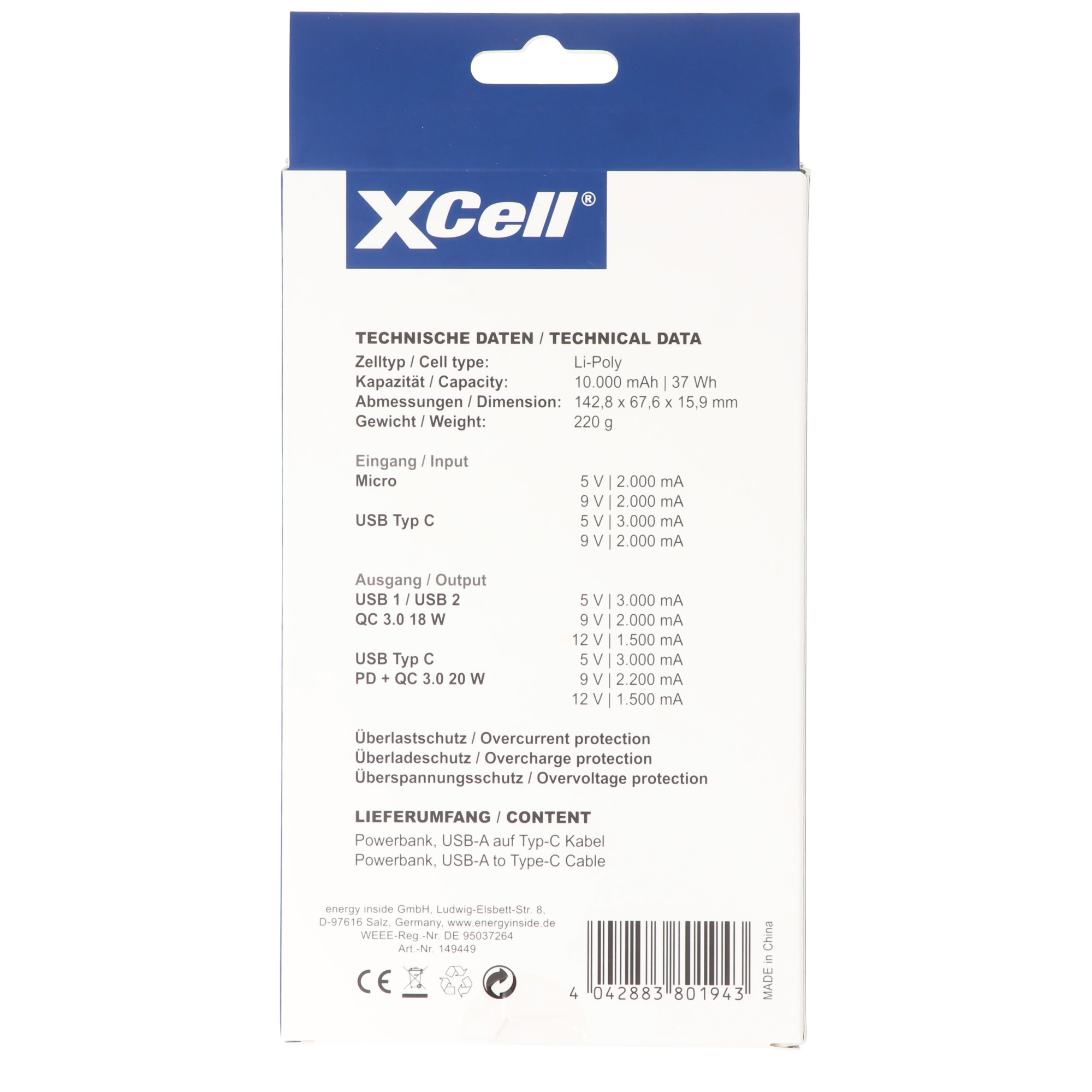 XCell Powerbank X10000PD mit 10.000mAh Kapazität, USB-C PD3.0, Quick-Charge, LED-Display, 2x USB-Ausgang 1x USB-C-Ausgang