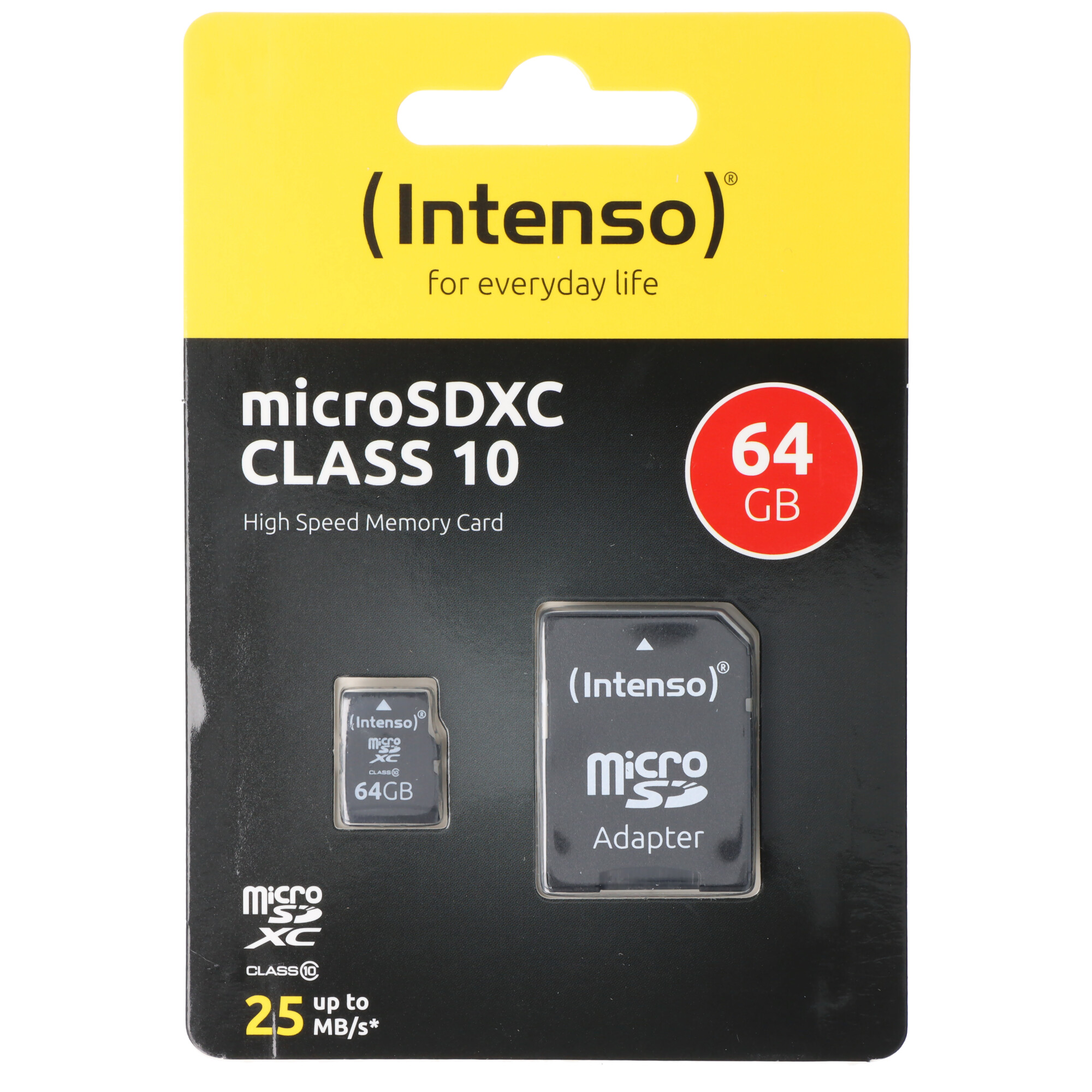 Intenso microSDXC Card 64GB, Class 10 (R) 25MB/s, (W) 10MB/s, SD-Adapter, Retail-Blister