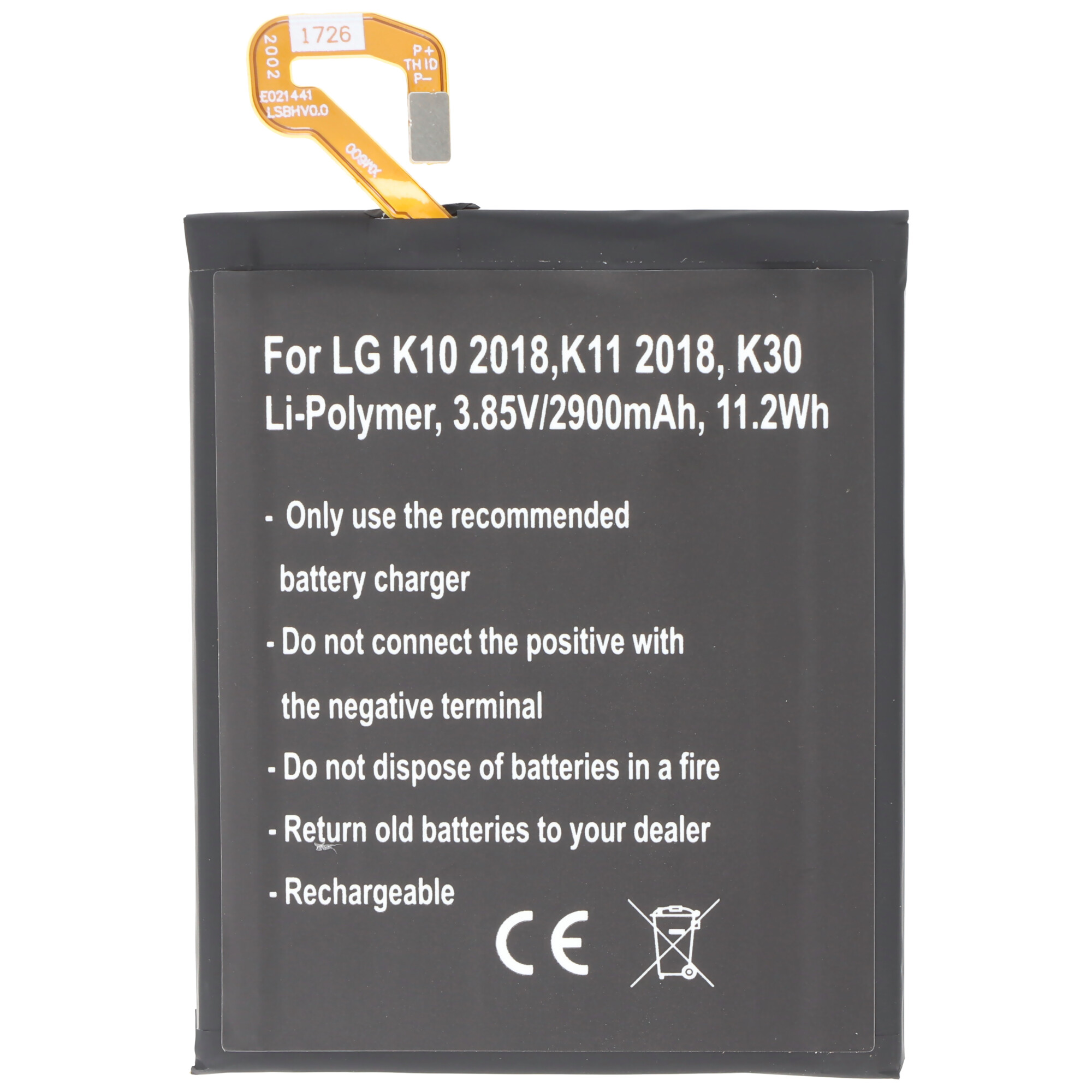 Akku passend für LG K10 2018, K11 2018, K30, Li-Polymer, 3,85V, 2900mAh, 11,2Wh, built-in, ohne Werkzeug
