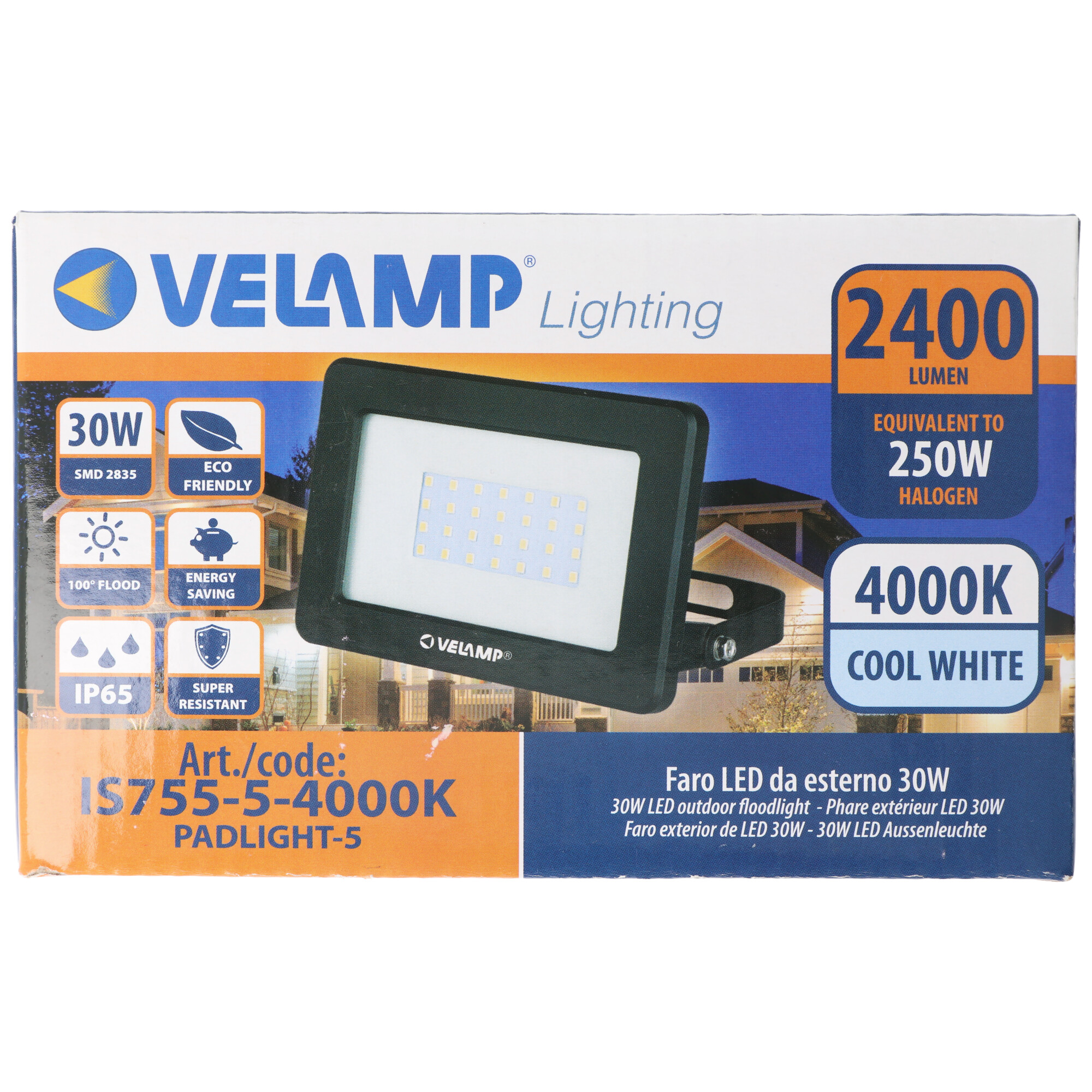 Velamp PADLIGHT5, SMD LED-Strahler, 30W IP65, 2400 Lumen, schwarz 4000K