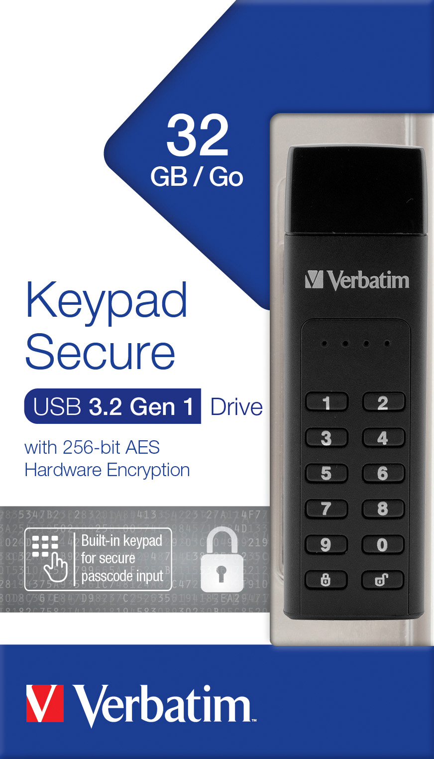 Verbatim USB 3.2 Stick 32GB, Secure, Keypad, AES-256-Bit Typ-A, (R) 160MB/s, (W) 130MB/s, Retail