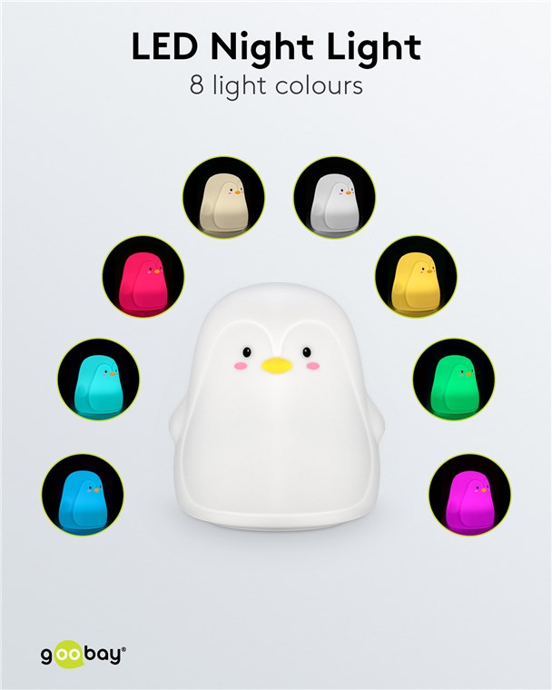 Goobay LED-Nachtlicht "Pinguin" - warmweißes Licht und 7 Farbwechsel (RGB-Licht), mit 3 Leuchtmodi, Touch-Sensor und Li-Ion-Akku (3,7 V/1200 mAh), aus weichem Silikon