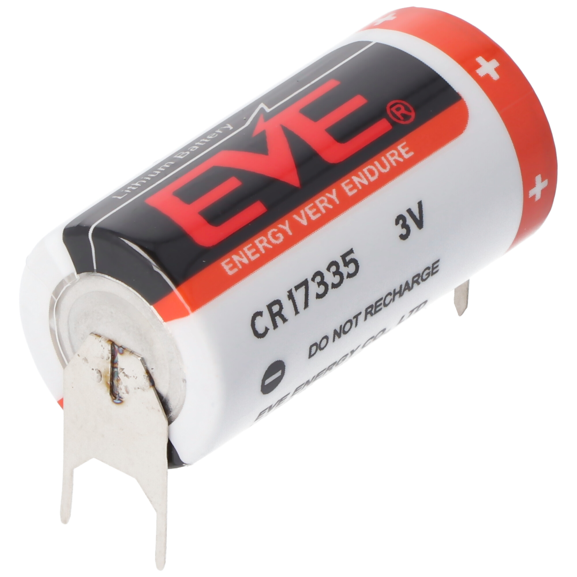 E.V.E CR17335 Batterie Baugröße 2/3A mit 3 Volt Spannung und 1550mAh Kapazität, Abmessungen 33,5 x 17mm, mit Printkontakten +/-- 7,6mm Rastermaß