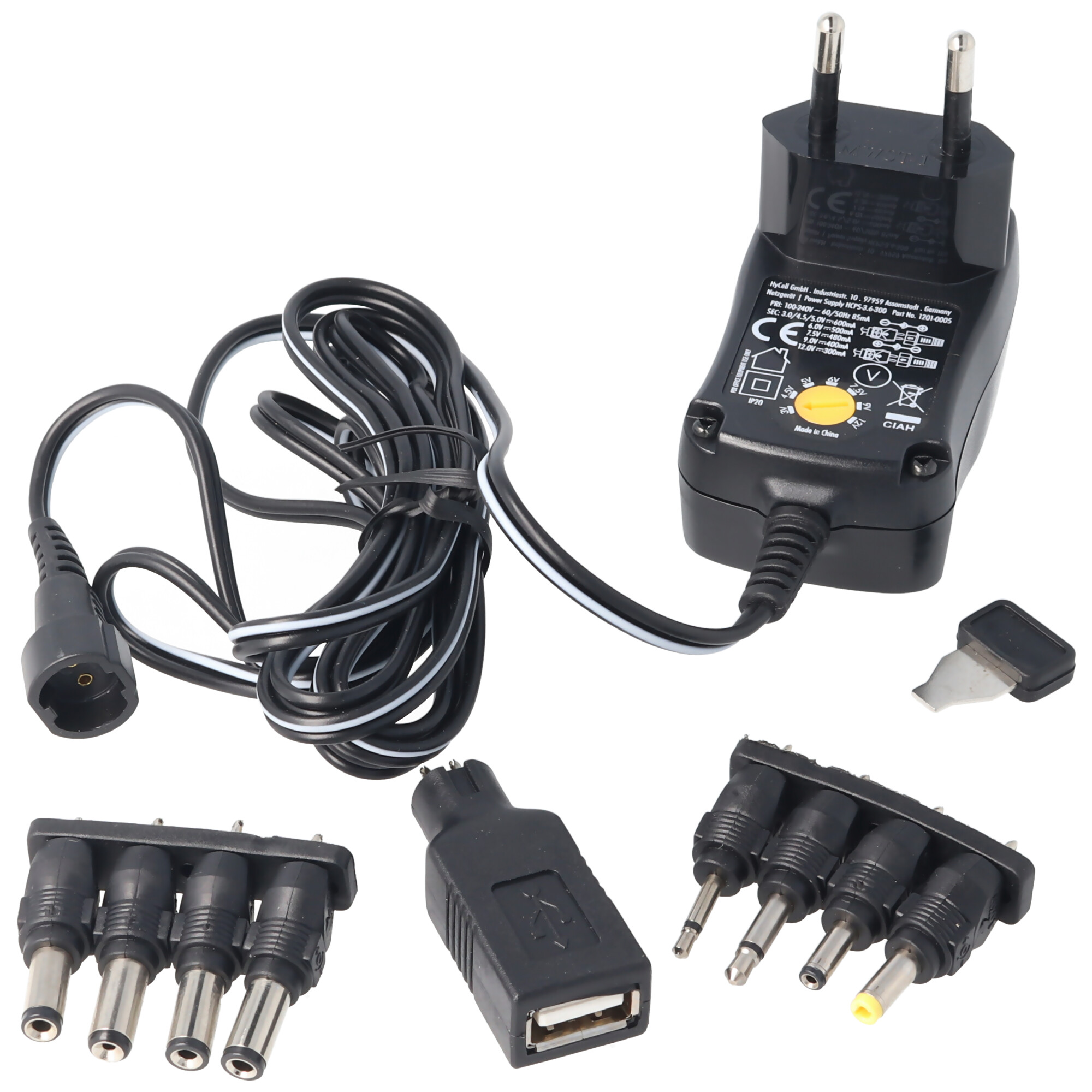 3 Volt bis 12 Volt Universal-Netzteil inklusive 1 USB- und 8 DC-Adaptern, max. 3,6 W und 0,3A
