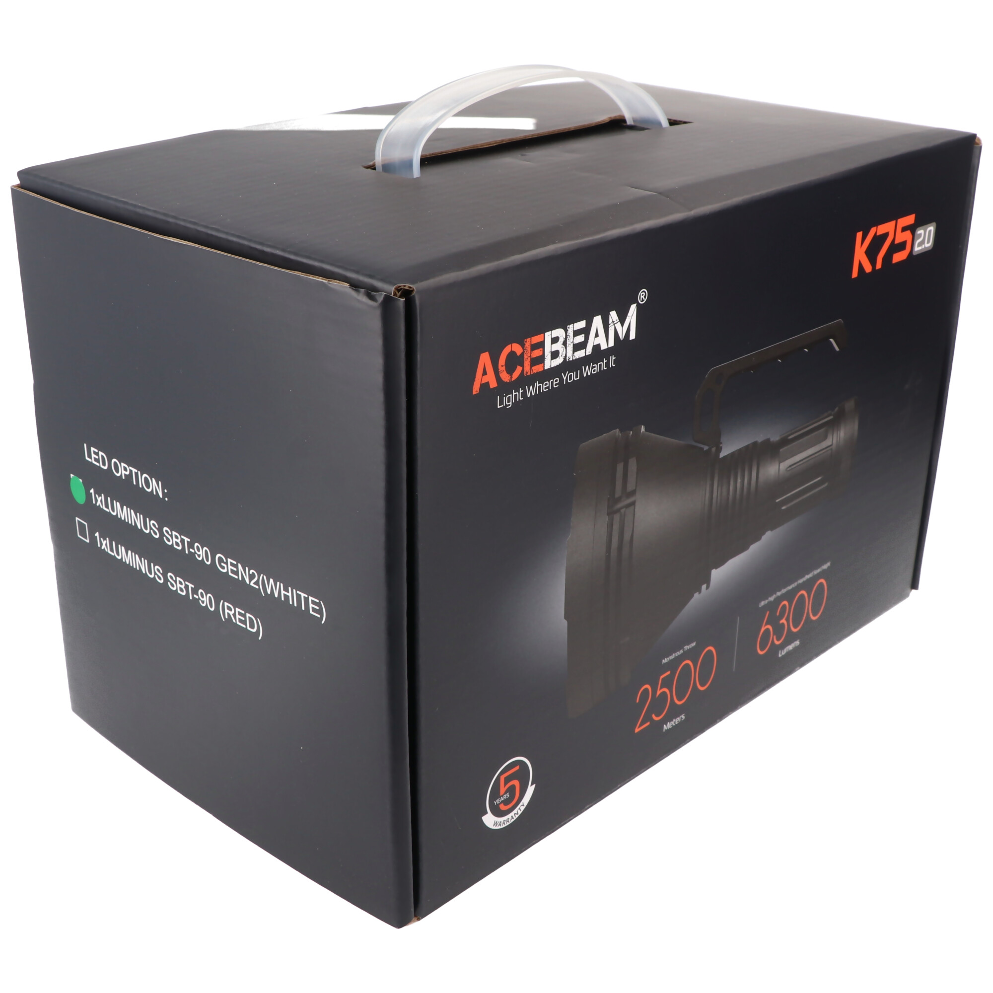AceBeam K75 2.0 mit weißer LED, 6.300 Lumen und 2.500 Meter Reichweite, mit 4 Akkus, Ladegerät und USB-Schnellladegerät