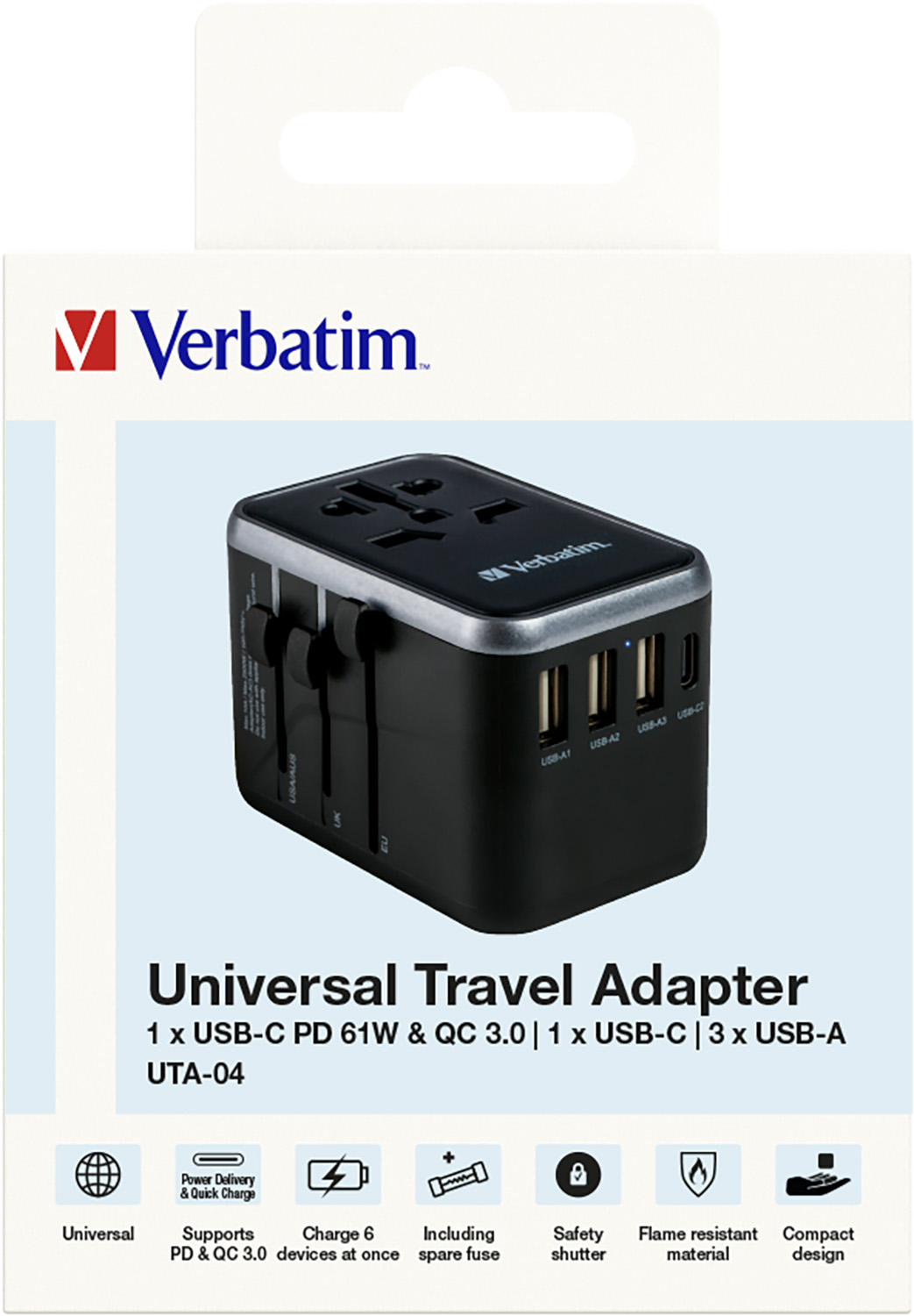 Verbatim Ladeadapter, Universal Travel, UTA-04, schwarz 100-250V, 3x USB Typ-A, 2x USB Typ-C, PD/QC, Retail