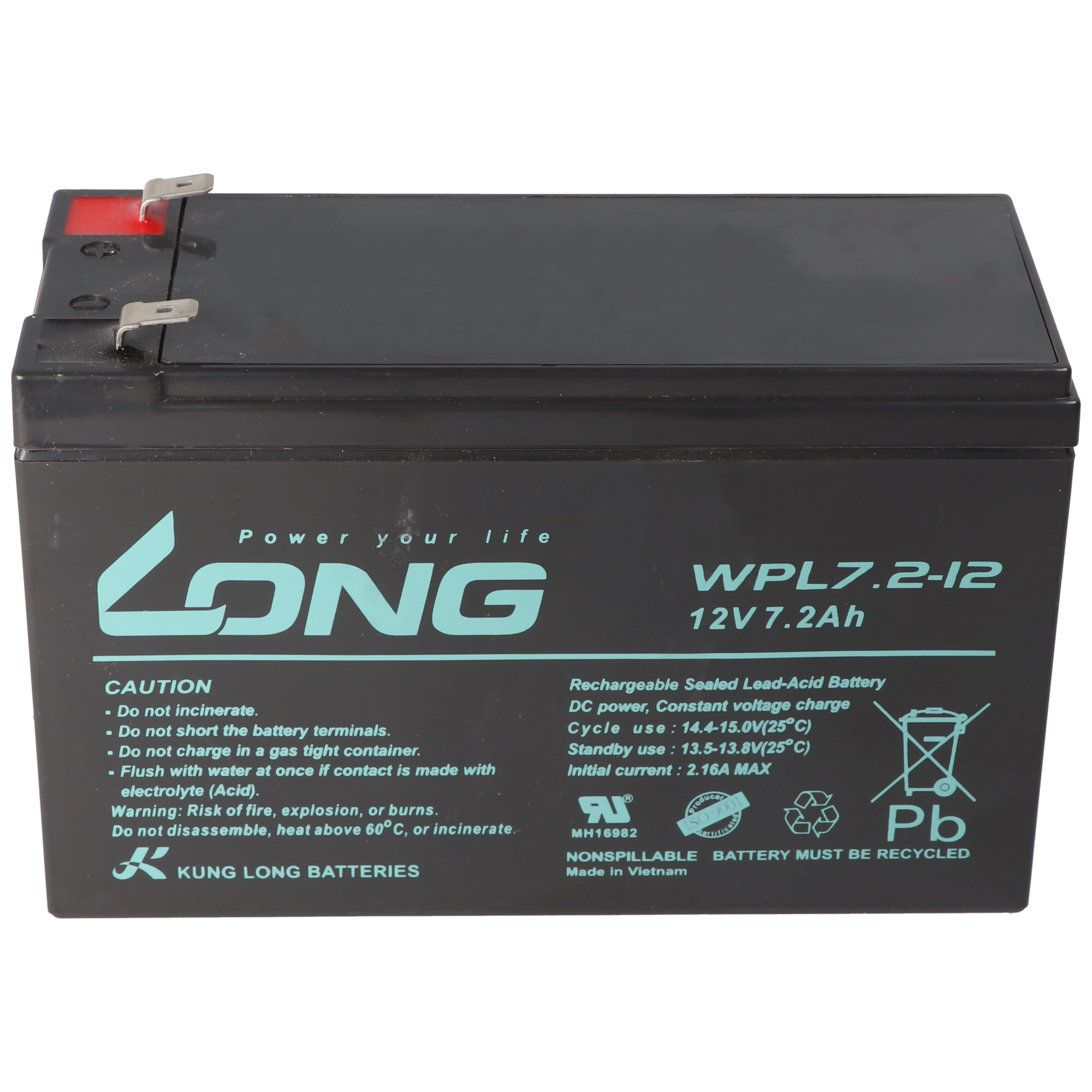 Kung Long WPL7.2-12 F1 Longlife Blei-Vlies-Akku, 12Volt, 7,2Ah mit 4,8mm Faston Anschluss