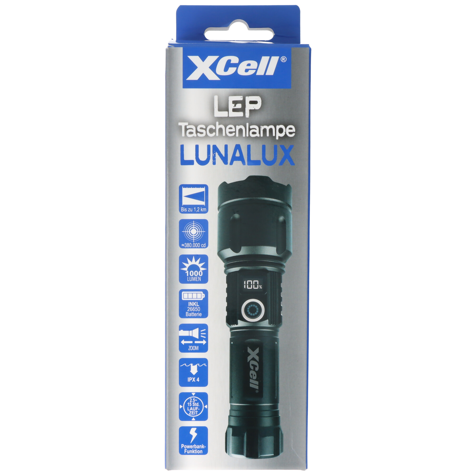 LUNALUX LEP-Taschenlampe fokussierbar, 1000 Lumen, Leuchtweite bis zu 1200 Metern, inkl. 26650 Li-Ion Akku
