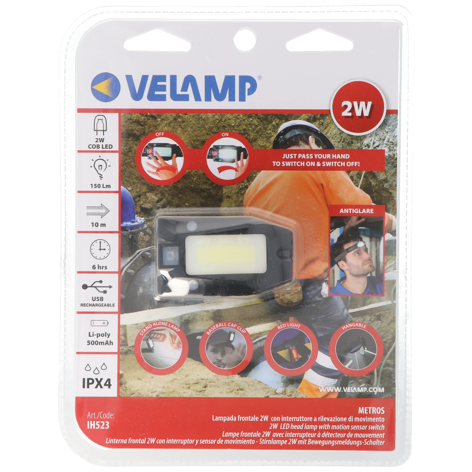 Velamp Metros LED Stirnlampe IH523, akkubetriebener Mulitfunktionsscheinwerfer mit Infrarotschalter inklusive Akku