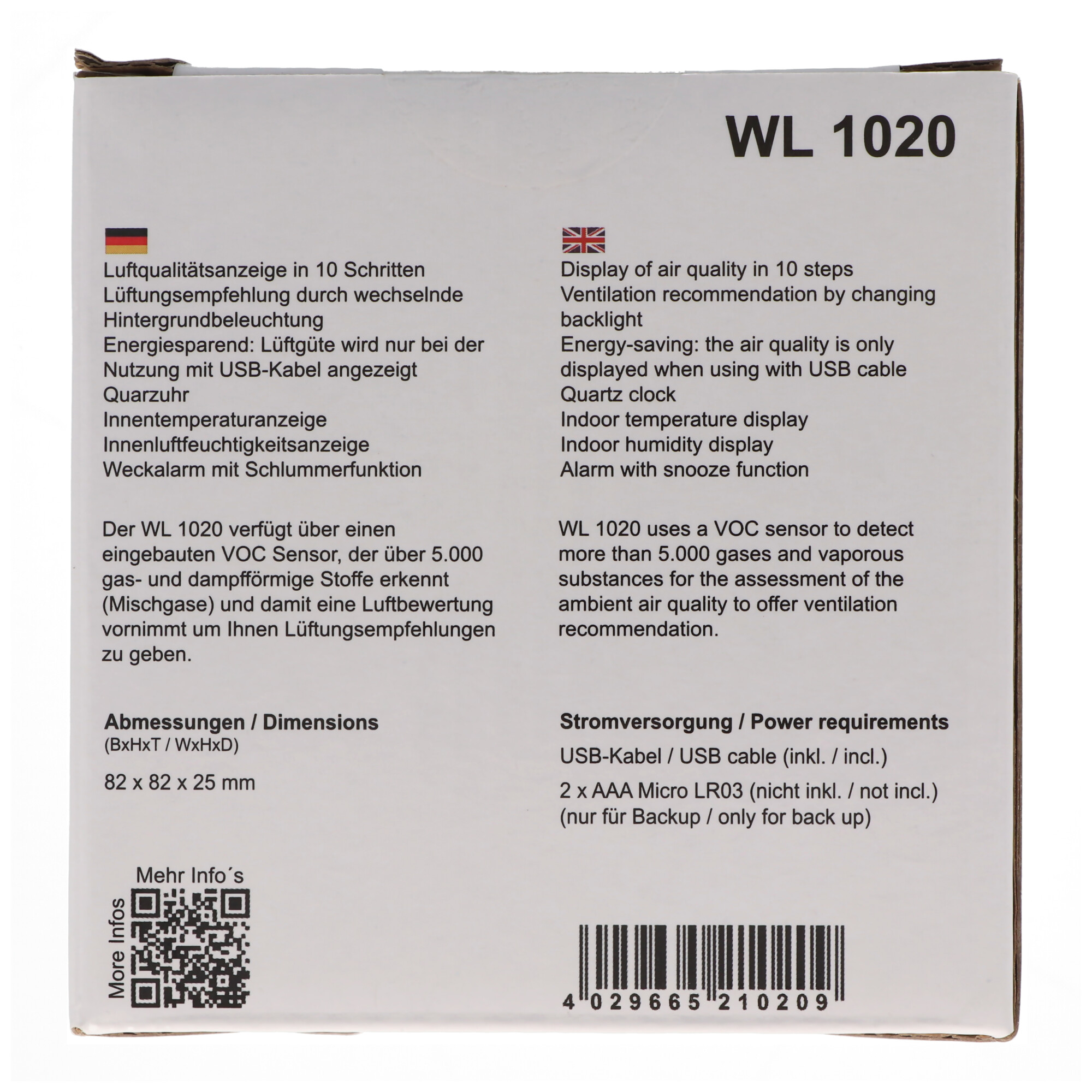 WL 1020 - Luftgütemonitor, Innenluftfeuchtigkeitsanzeige mit Quarzuhr, Anzeige der Lüftgüte durch 5 Sternsymbole in 11 Stufen