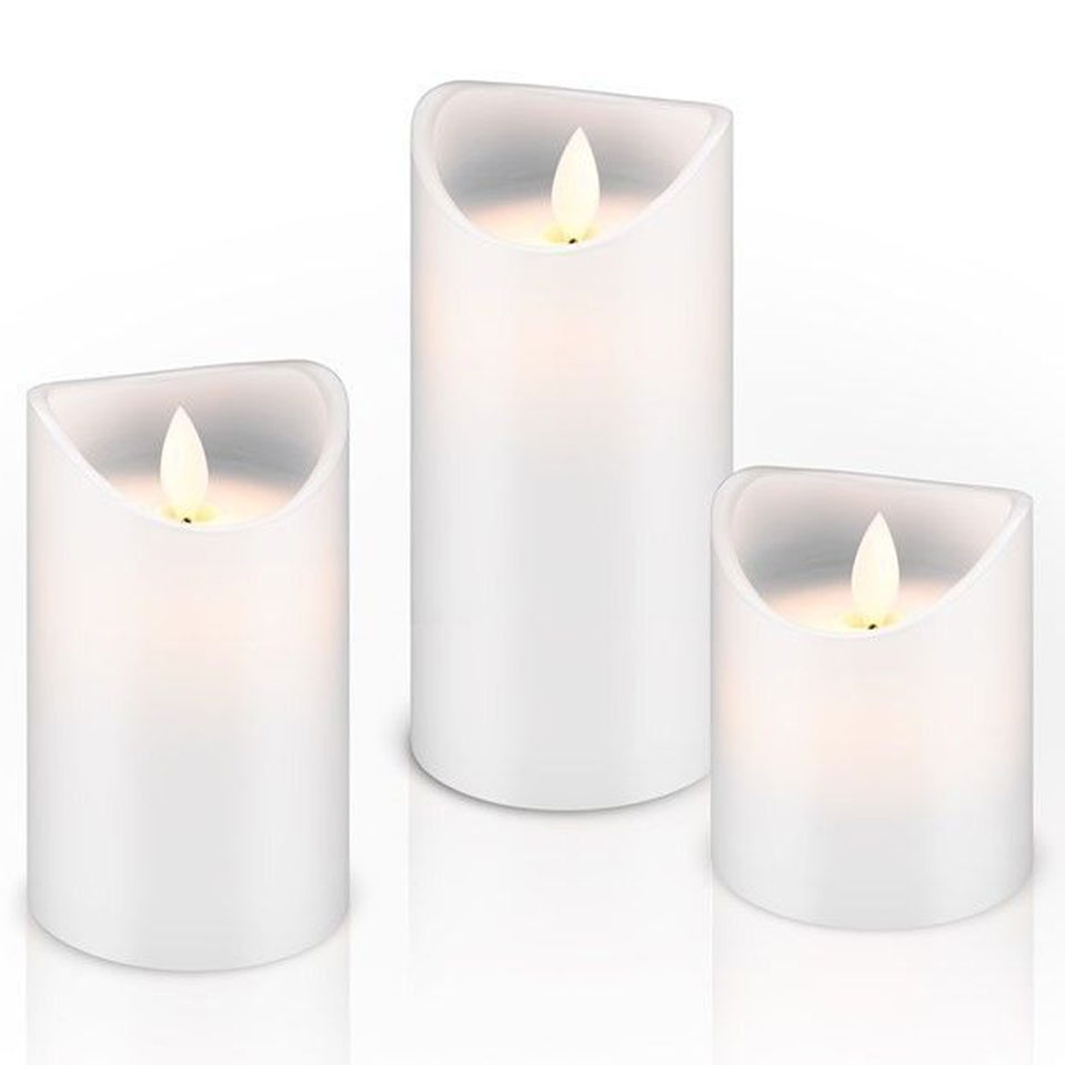 3er Set mit LED-Echtwachs-Kerzen mit realistischem, bewegendem Licht in warm weiß, mit Timer Funktion inklusive Batterien