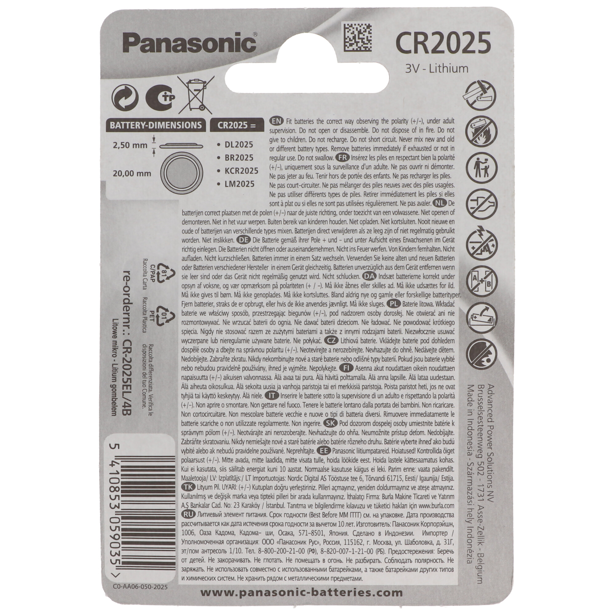 Panasonic Batterie Lithium, Knopfzelle, CR2025, 3V Electronics, Lithium Power, Retail Blister (4-Pack)