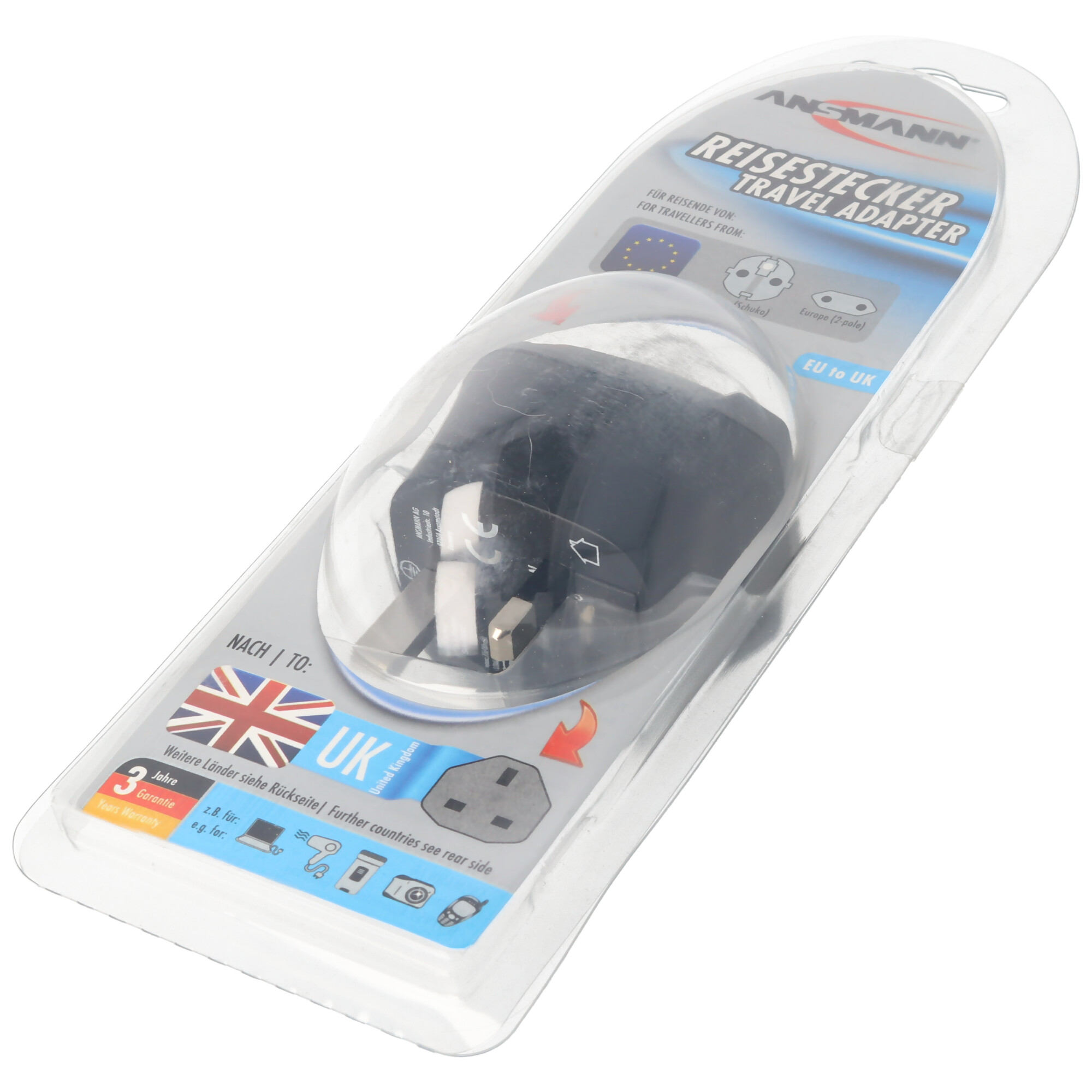 Ansmann Reisestecker EU to UK, kompakter Travel Adapter inklusive Schutzleiter, für Reisende von Europa ins Vereinigte Königreich, Großbritannien, GB