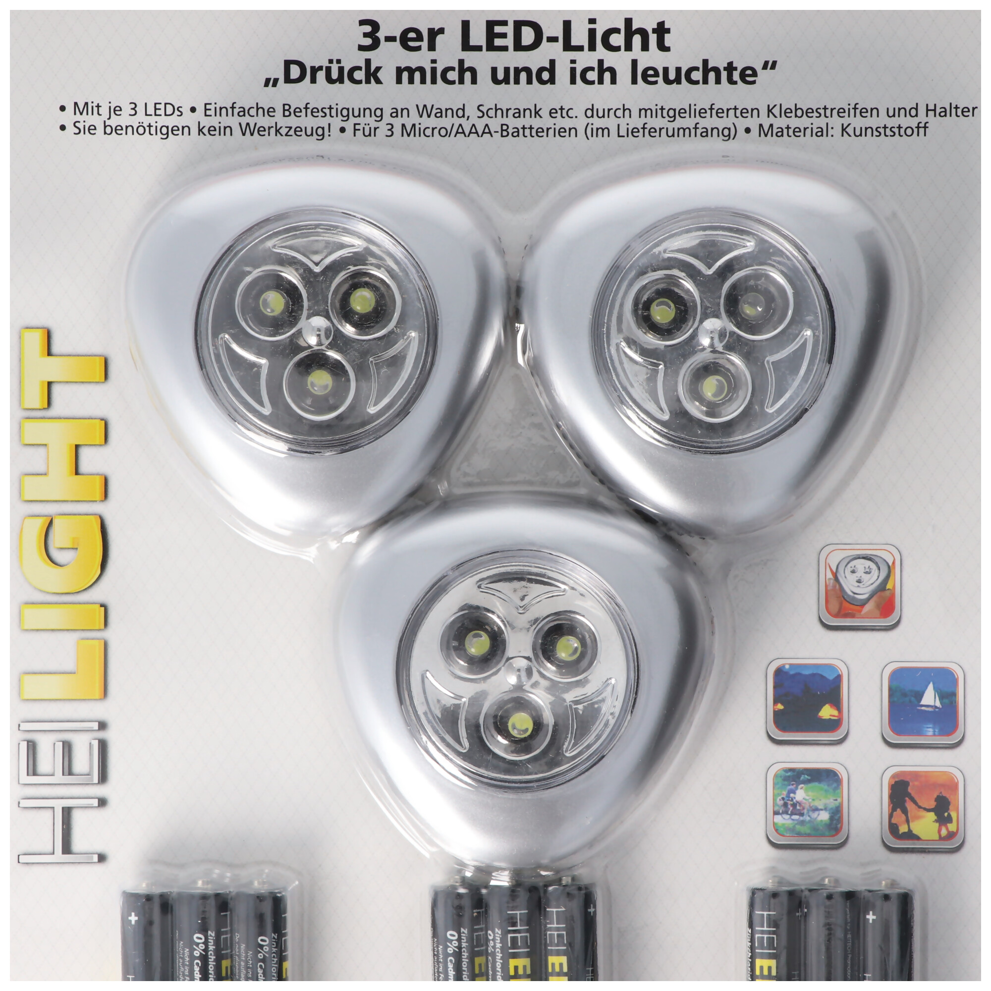 LED-Licht 3er-Set, Drück mich und ich leuchte, Mini LED-Leuchten, kabellos, inklusive Batterien