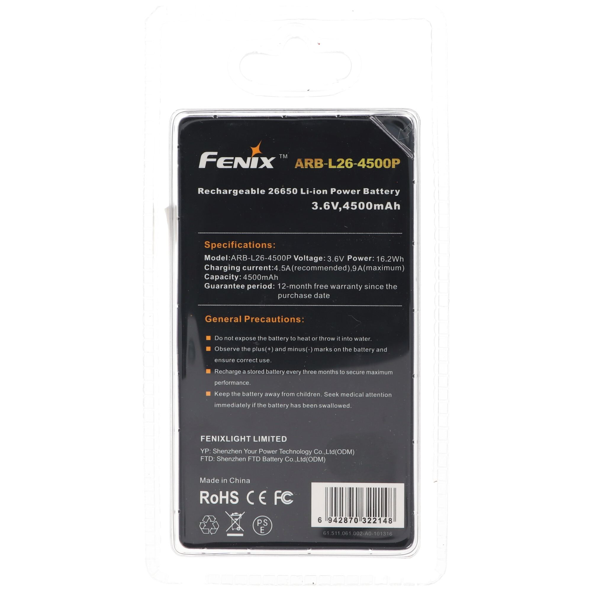 Akku für Fenix PD40R Led-Taschenlampe Fenix ARB-L26-4500P, 26650 Li-Ion Akku geschützt 4500mAh