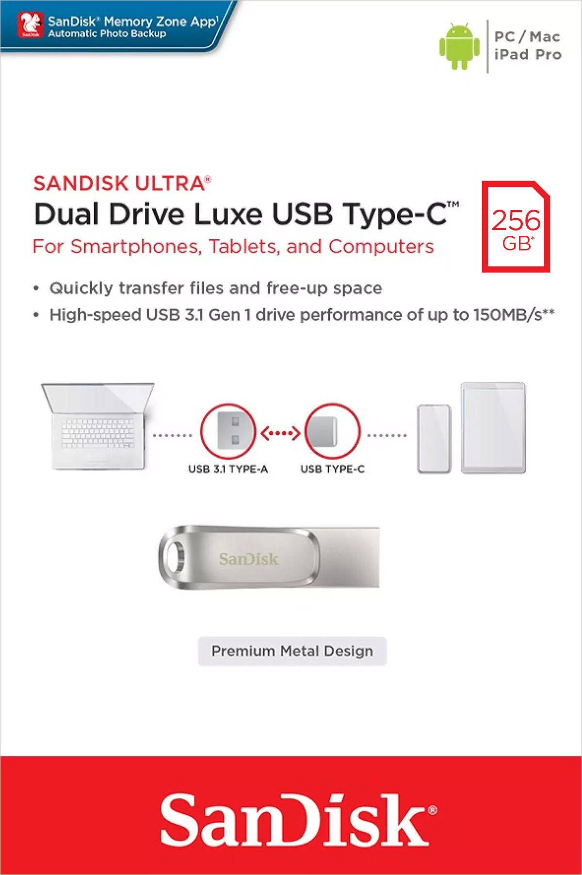 Sandisk USB 3.1 OTG Stick 256GB, Dual Drive Luxe Typ-A-C, (R) 150MB/s, Memory Zone, Retail-Blister