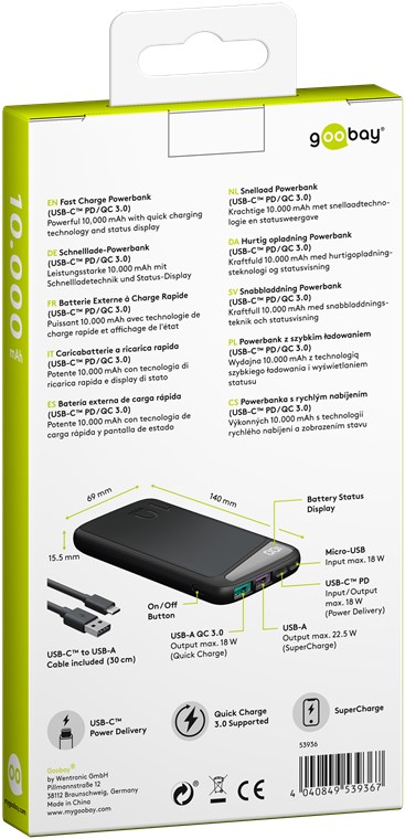 Goobay Schnelllade-Powerbank 10.000 mAh (USB-C™ PD, QC 3.0) - Leistungsstarke Powerbank mit Statusanzeige, Quick Charge-kompatibel