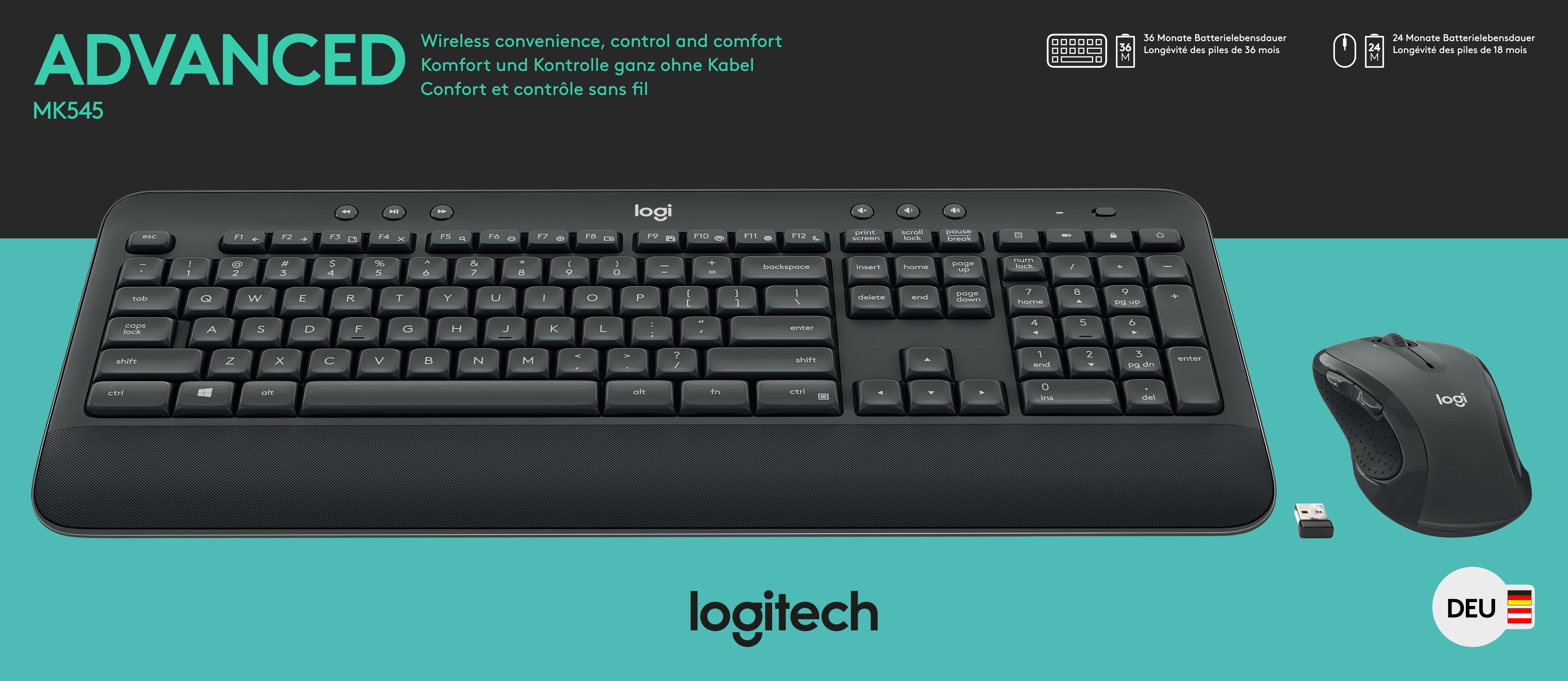 Logitech Tastatur/Maus Set MK545, Wireless, Unifying, schwarz Advanced, DE, Laser, 1000 dpi, Retail