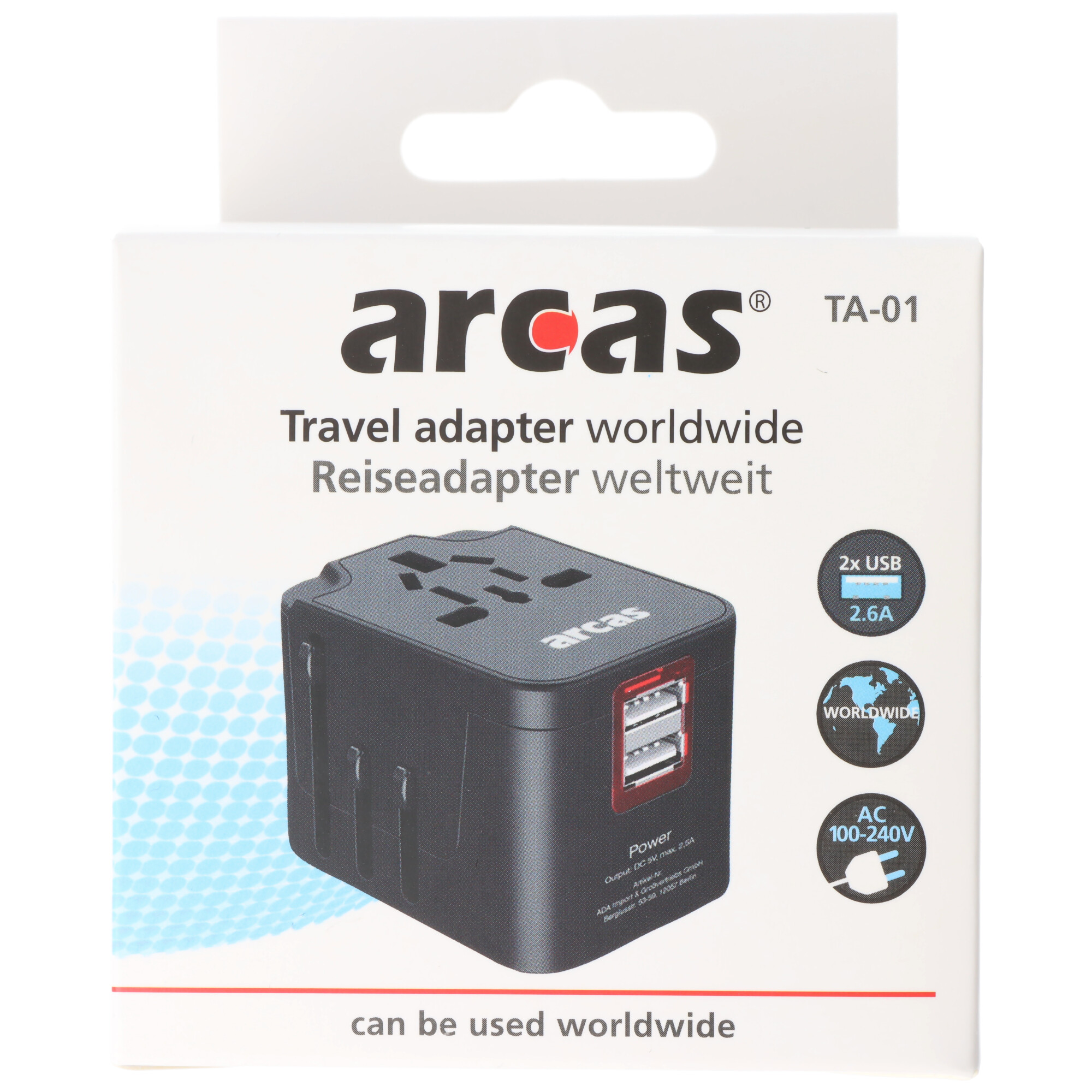 Arcas Reiseadapter TA-01 weltweit, Nutzung in mehr als 150 Ländern, mit praktischem Reiseetui