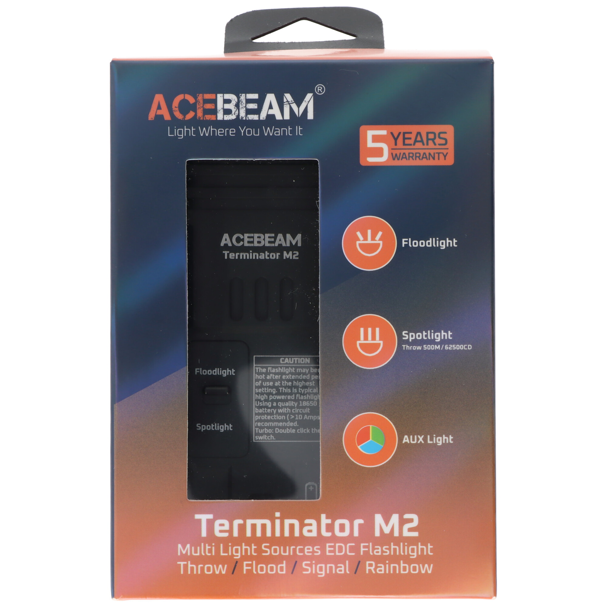AceBeam Terminator M2 LED-Taschenlampe mit 2.000 Lumen, mit Spot-, Flut-, und AUX-Licht, schwarz